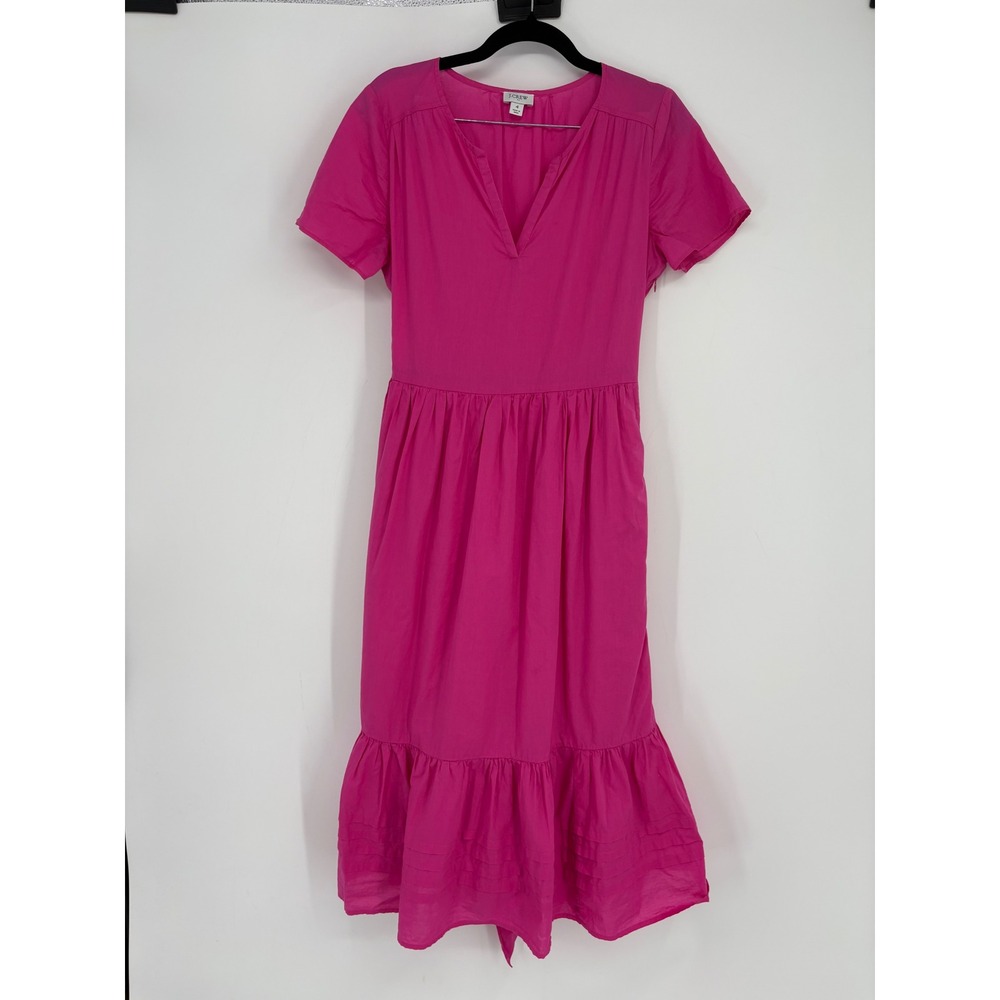 J.Crew Dress Women 4 Pink Re-Imagined Cotton Poplin Tiered V-Neck Midi Short Slv